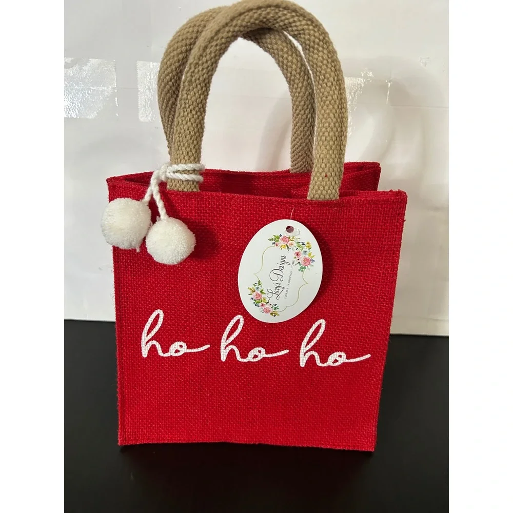 Mini Tote Bag Christmas Red Burlap Ho Ho Ho Embroidery Pom Poms Lacy's Designs